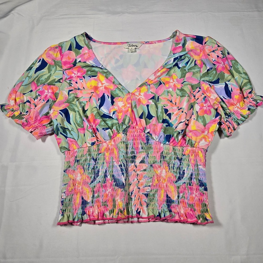 Takara Womens Floral Cropped Blouse Smocked Waist Puff Sleeve Pink Green M‎